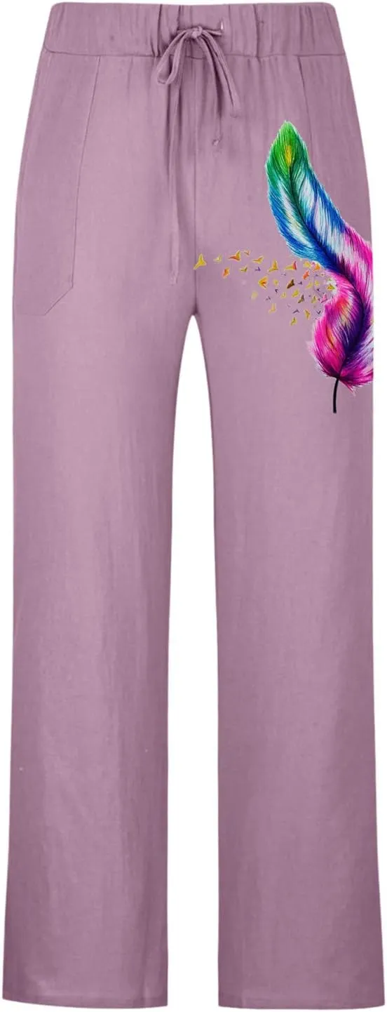 Mens Linen Printed Pants Elastic Waist Drawstring Lightweight Trouser Casual Yoga Summer Beach Pant with Pockets