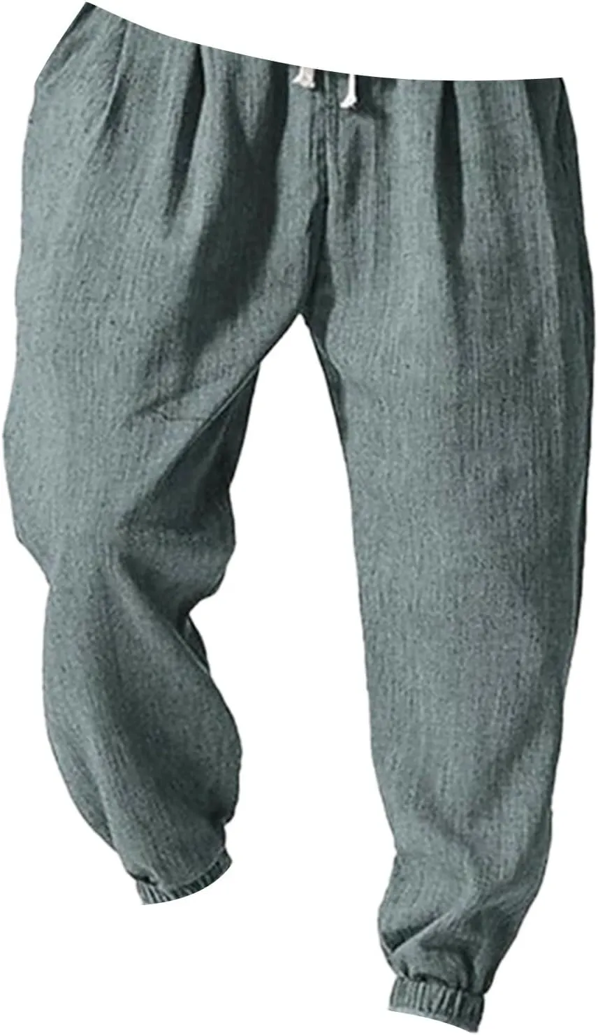 Mens Linen Tapered Pants Plus Size Lightweight Drawstring Waist Vacation Harem Trousers Summer Trendy Loose Slacks
