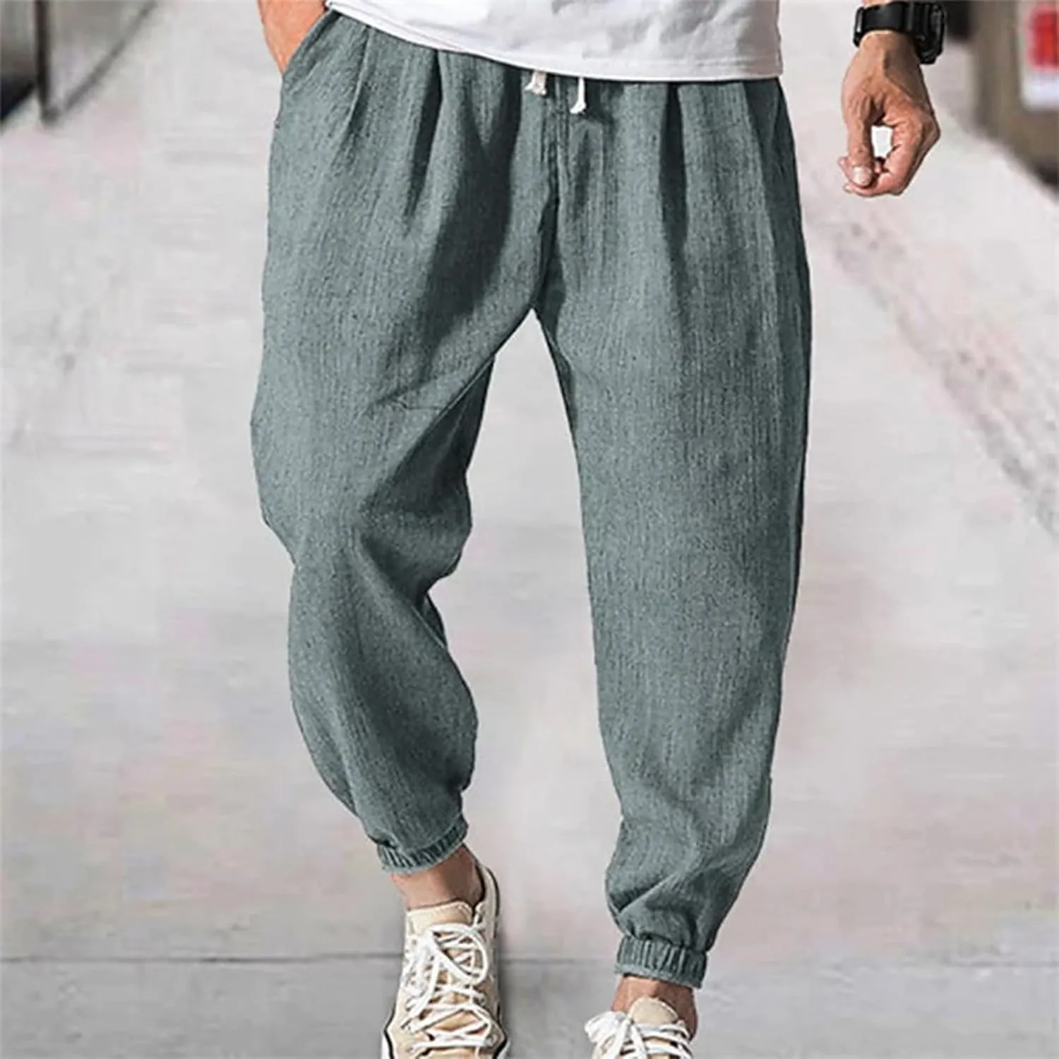 Mens Linen Tapered Pants Plus Size Lightweight Drawstring Waist Vacation Harem Trousers Summer Trendy Loose Slacks