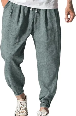 Mens Linen Tapered Pants Plus Size Lightweight Drawstring Waist Vacation Harem Trousers Summer Trendy Loose Slacks