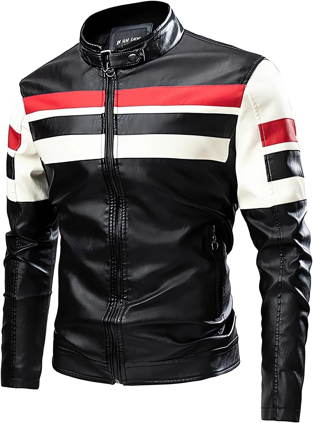 Mens Motorcycle Jacket Stand Collar Faux Leather Racing Jackets Lightweight Color Block Biker Coat