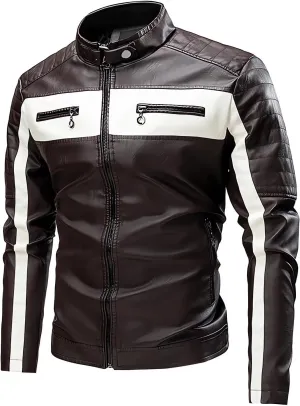 Mens Motorcycle Jacket Stand Collar Faux Leather Racing Jackets Lightweight Color Block Biker Coat