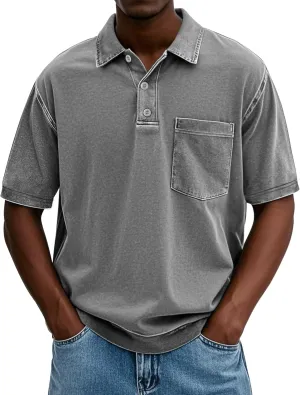 Men's Polo Shirts Short Sleeve Distressed Washed T-Shirt Button Casual Banded Bottom Tee Tops with Pocket