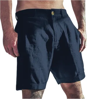 Mens Shorts Summer Trendy Cotton Linen Beach Pants Elastic Waist Button Trousers Breathable Running Pants with Pokets