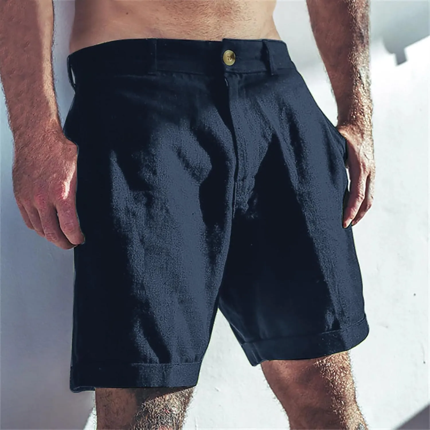 Mens Shorts Summer Trendy Cotton Linen Beach Pants Elastic Waist Button Trousers Breathable Running Pants with Pokets