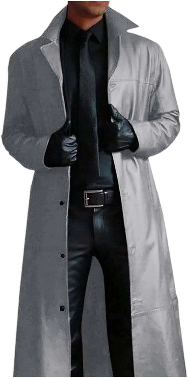 Mens Single Breasted Trench Coat Oversized Casual Windbreaker Lapel Long Jacket Overcoat Vintage Cosplay Costumes Man