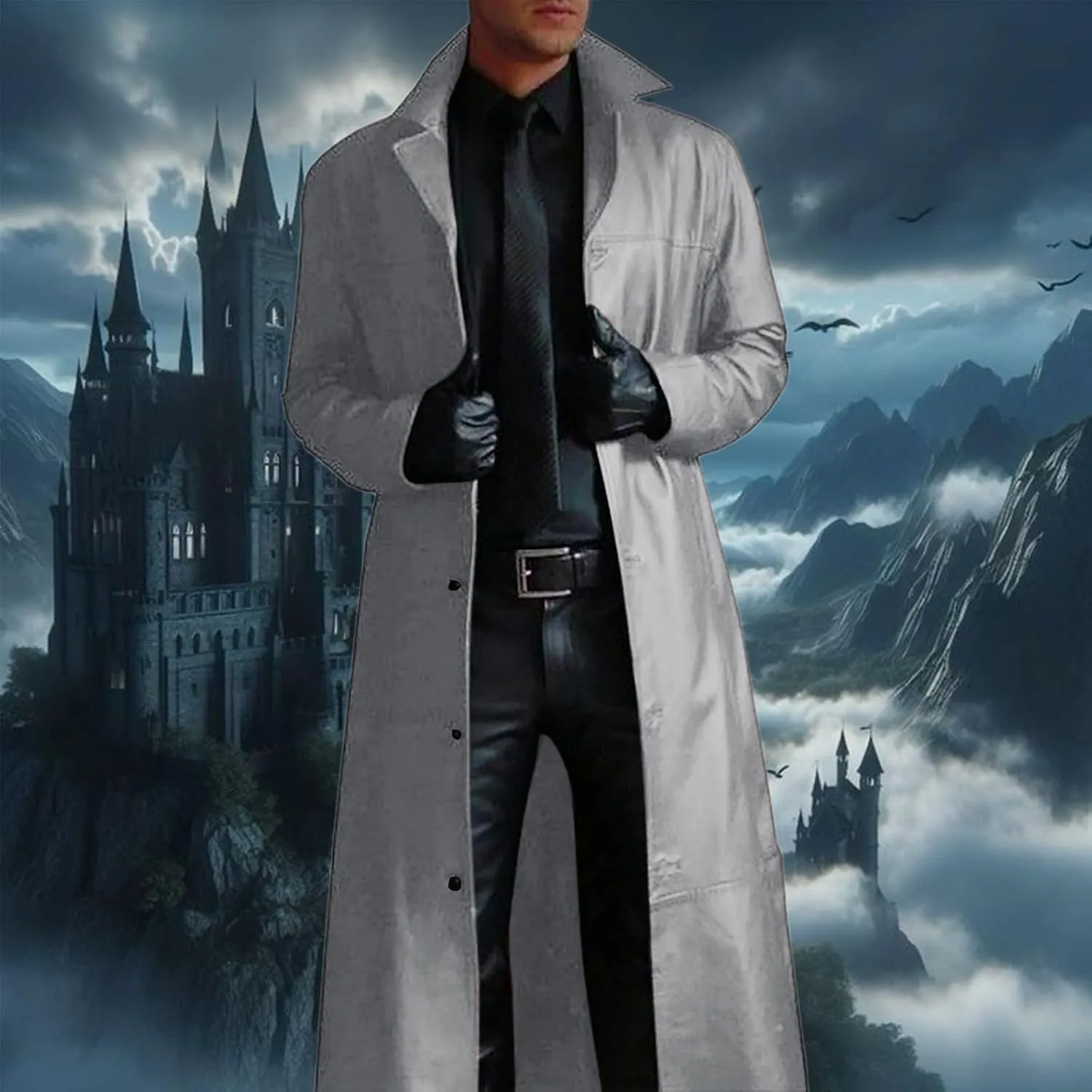 Mens Single Breasted Trench Coat Oversized Casual Windbreaker Lapel Long Jacket Overcoat Vintage Cosplay Costumes Man
