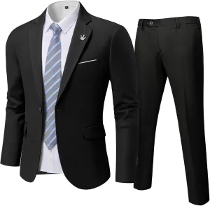 Men's Slim Fit 2 Piece Suit with Tie, One Button Solid Jacket and Pants for Business Weddings Party