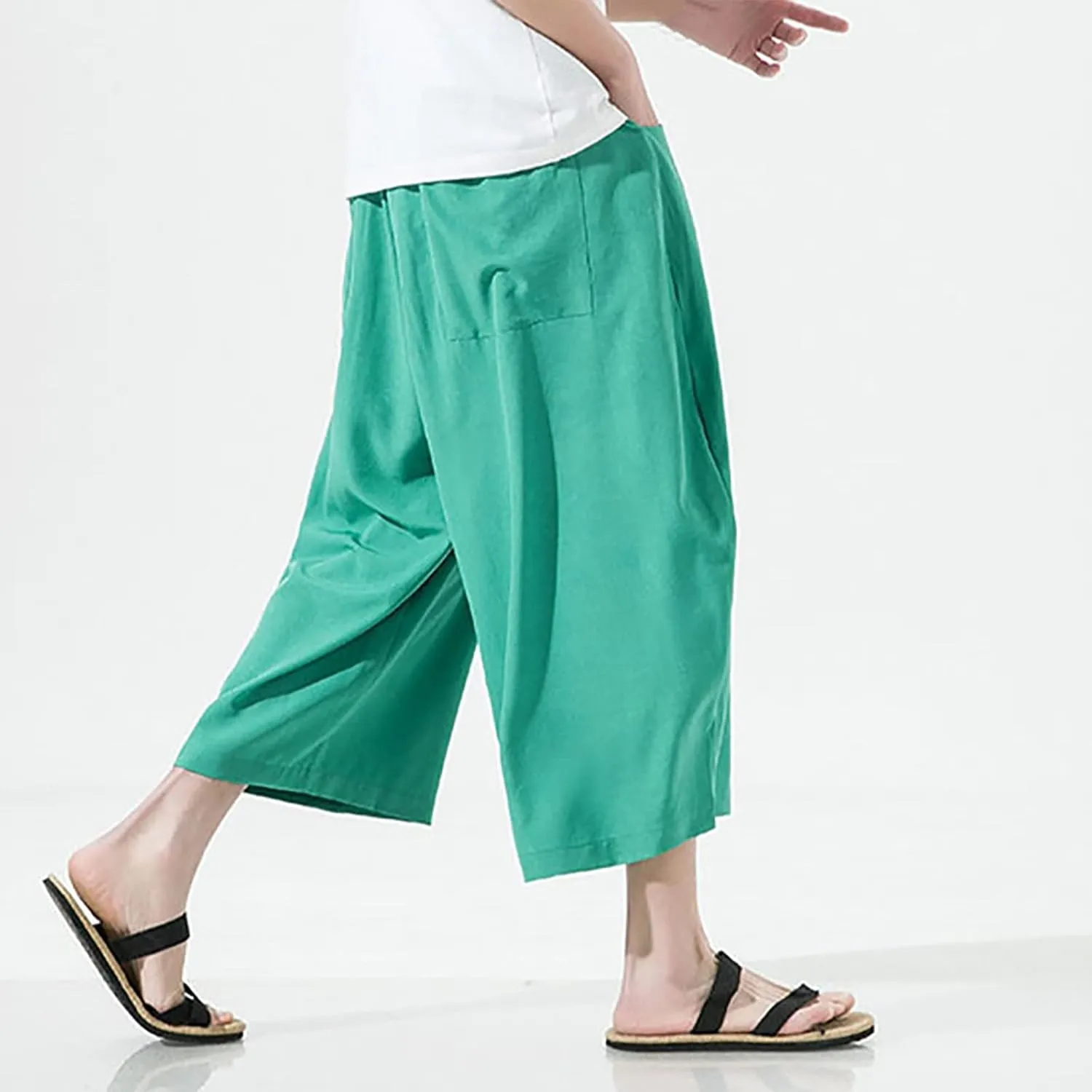 Mens Summer Ice Silk Capri Harem Pants with Drawstring Wide Leg Loose Slacks Breathable Beach Yoga Hippie Casual Trousers