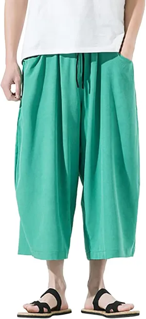 Mens Summer Ice Silk Capri Harem Pants with Drawstring Wide Leg Loose Slacks Breathable Beach Yoga Hippie Casual Trousers