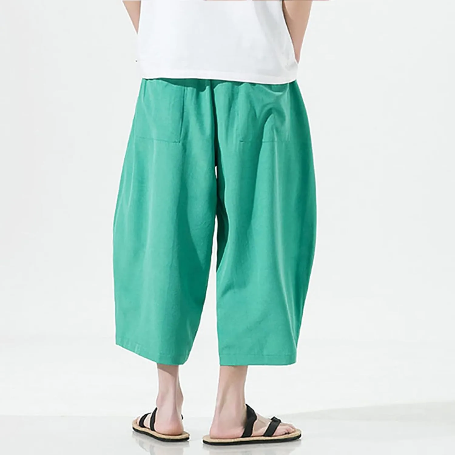 Mens Summer Ice Silk Capri Harem Pants with Drawstring Wide Leg Loose Slacks Breathable Beach Yoga Hippie Casual Trousers