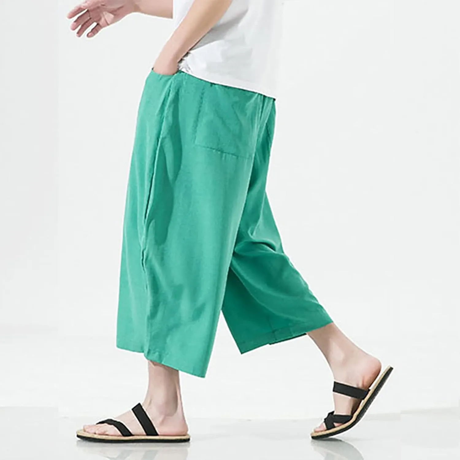 Mens Summer Ice Silk Capri Harem Pants with Drawstring Wide Leg Loose Slacks Breathable Beach Yoga Hippie Casual Trousers