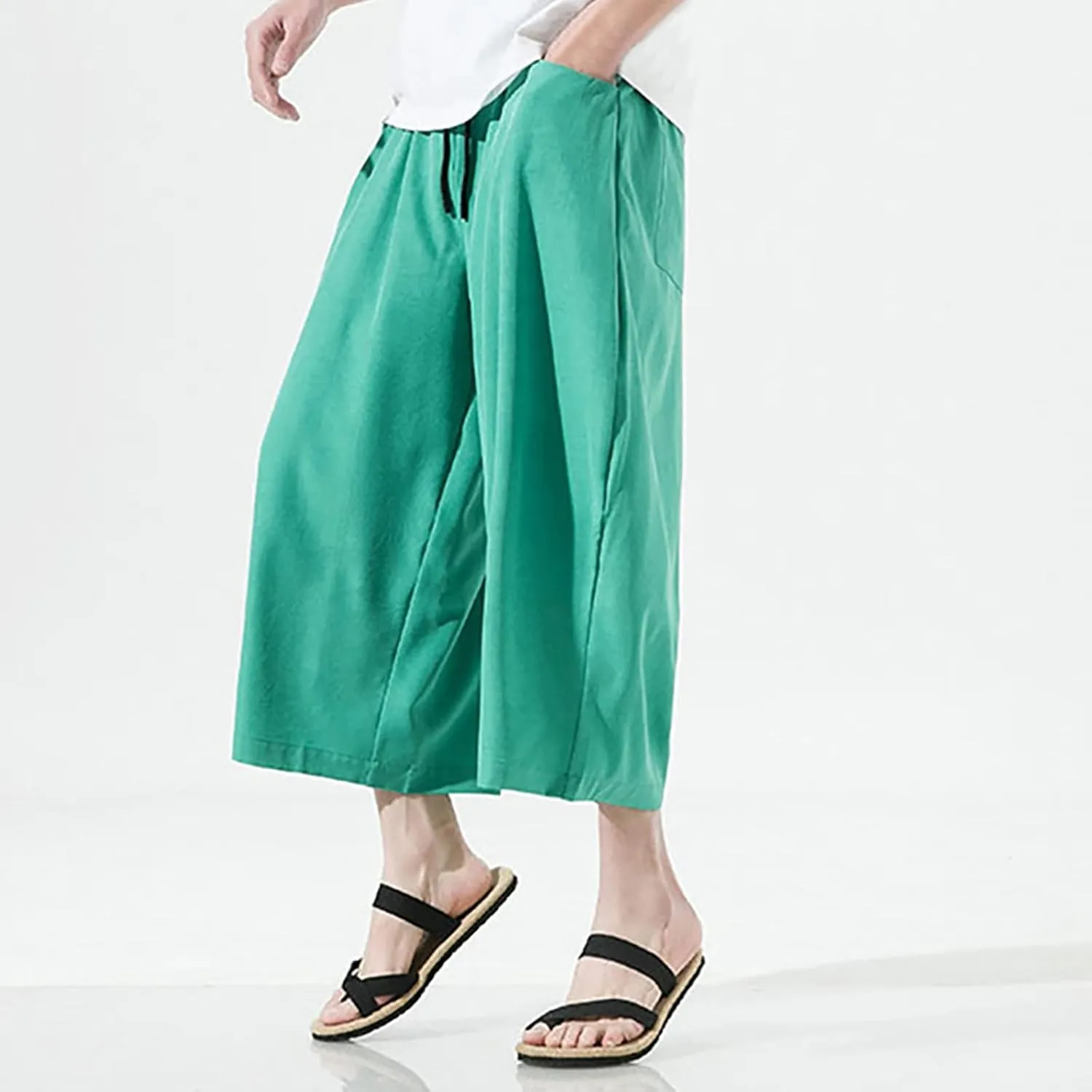 Mens Summer Ice Silk Capri Harem Pants with Drawstring Wide Leg Loose Slacks Breathable Beach Yoga Hippie Casual Trousers