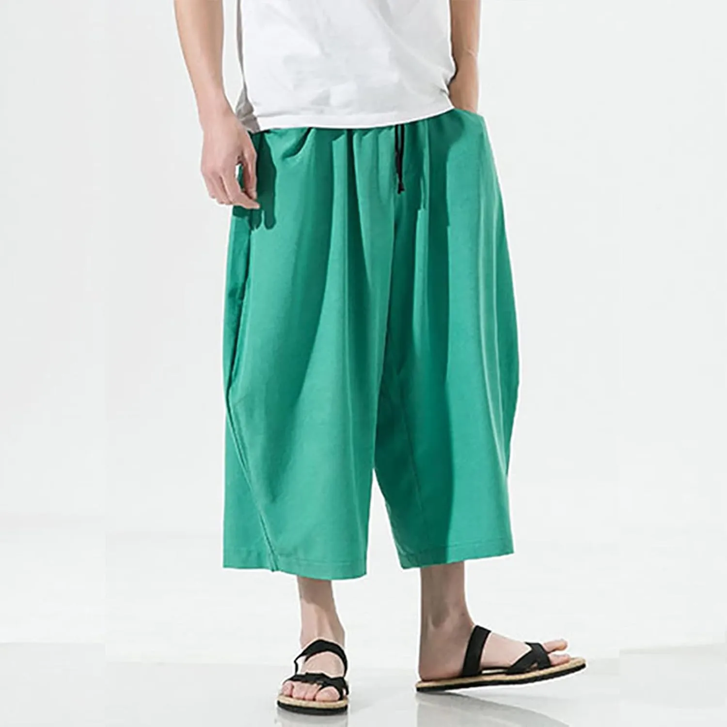 Mens Summer Ice Silk Capri Harem Pants with Drawstring Wide Leg Loose Slacks Breathable Beach Yoga Hippie Casual Trousers