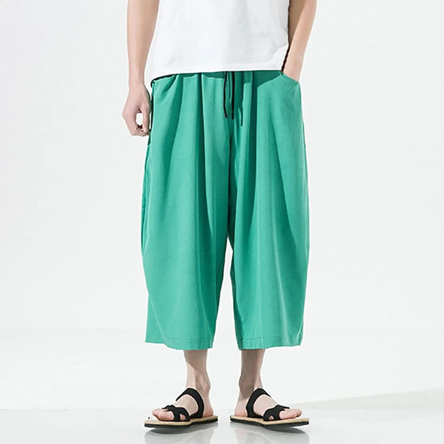 Mens Summer Ice Silk Capri Harem Pants with Drawstring Wide Leg Loose Slacks Breathable Beach Yoga Hippie Casual Trousers