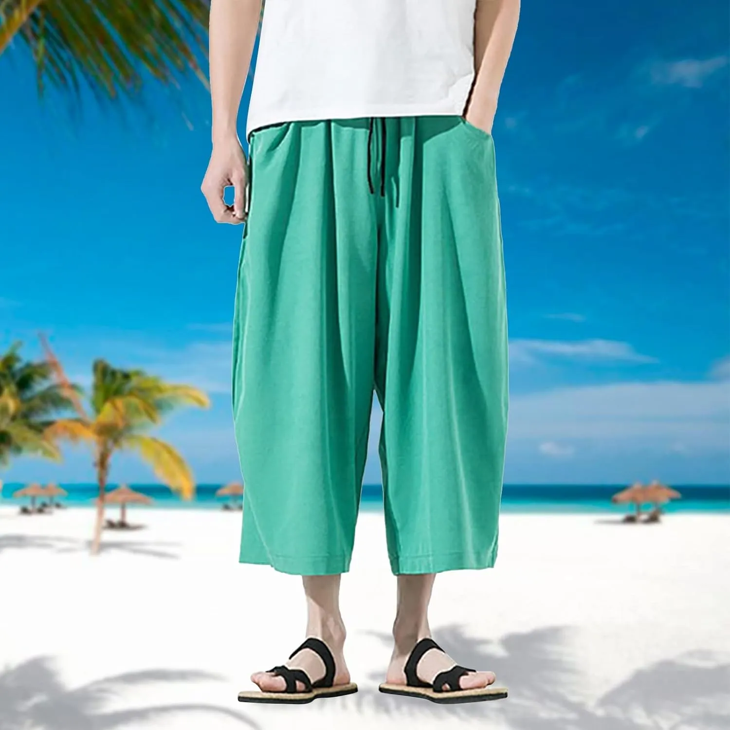 Mens Summer Ice Silk Capri Harem Pants with Drawstring Wide Leg Loose Slacks Breathable Beach Yoga Hippie Casual Trousers