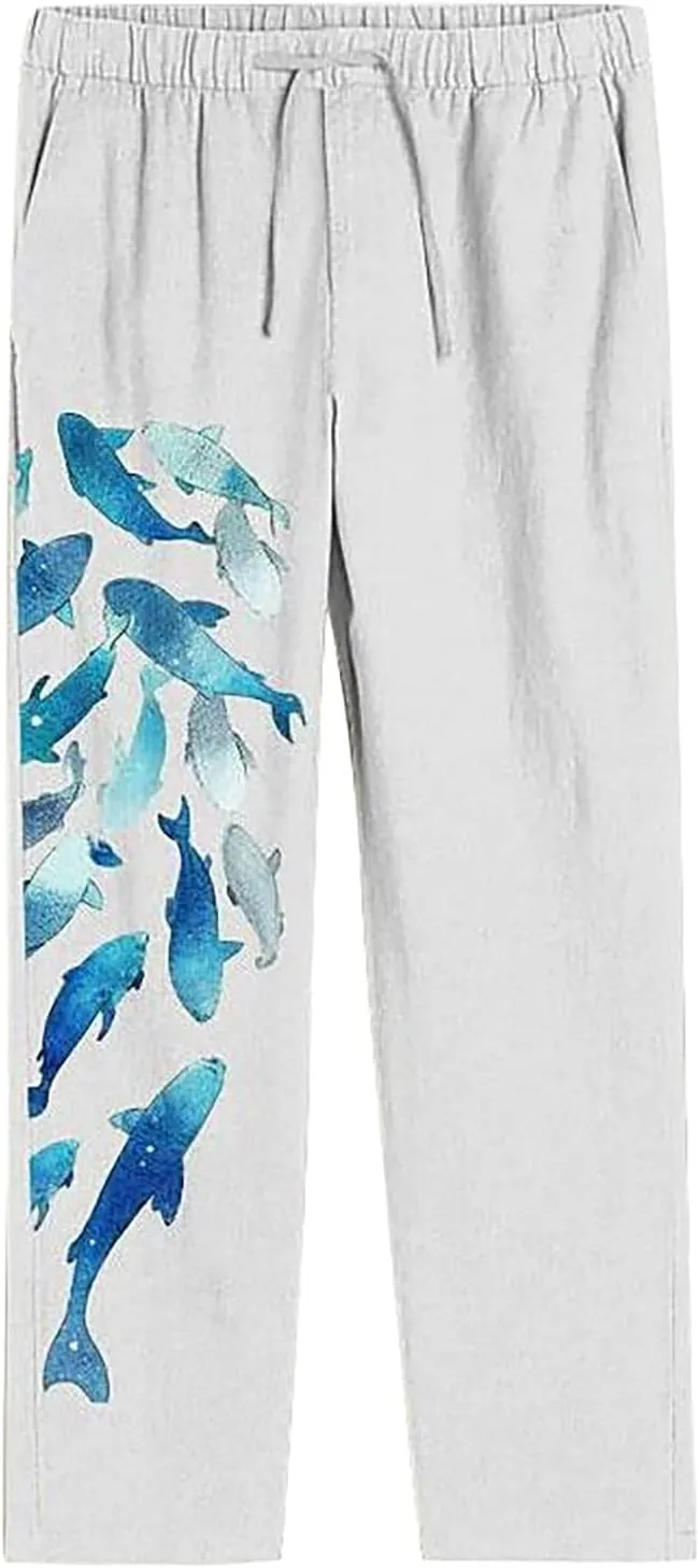Mens Summer Print Linen Pants Wide Leg Loose Fit Elatic Waist Casaul Pants Straight Leg Drawstrings Outdoor Hemp Trousers
