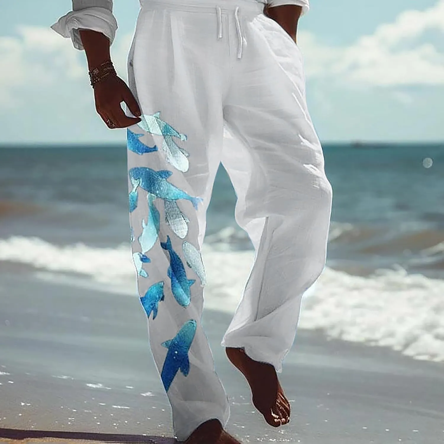 Mens Summer Print Linen Pants Wide Leg Loose Fit Elatic Waist Casaul Pants Straight Leg Drawstrings Outdoor Hemp Trousers