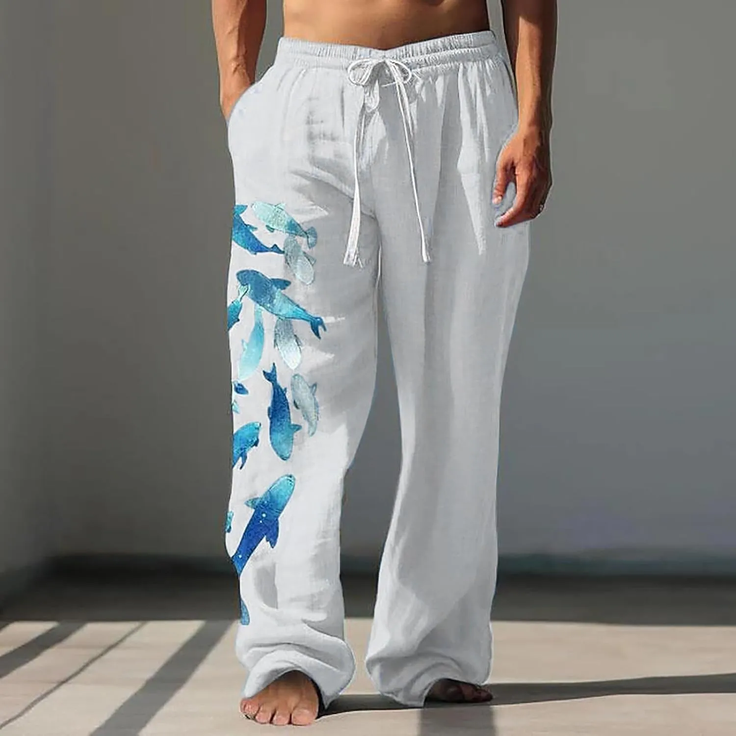 Mens Summer Print Linen Pants Wide Leg Loose Fit Elatic Waist Casaul Pants Straight Leg Drawstrings Outdoor Hemp Trousers