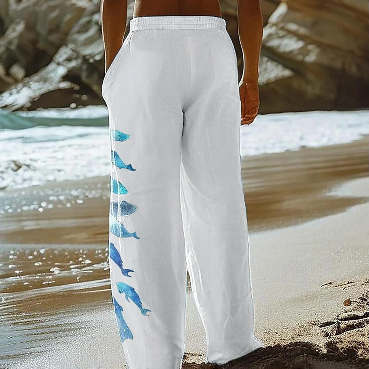 Mens Summer Print Linen Pants Wide Leg Loose Fit Elatic Waist Casaul Pants Straight Leg Drawstrings Outdoor Hemp Trousers