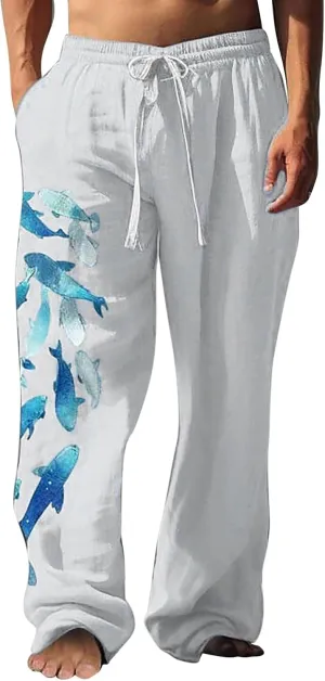 Mens Summer Print Linen Pants Wide Leg Loose Fit Elatic Waist Casaul Pants Straight Leg Drawstrings Outdoor Hemp Trousers