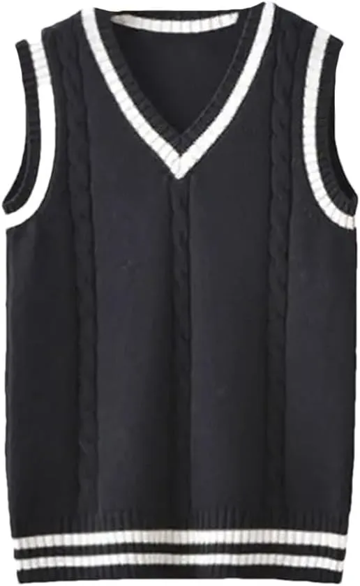 Men's Sweater Vest Thickened V-Neck Sleeveless Knitted Sweater Vest Striped Retro College Style Loose Versatile Vest