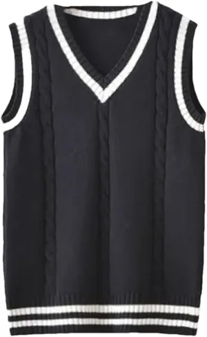 Men's Sweater Vest Thickened V-Neck Sleeveless Knitted Sweater Vest Striped Retro College Style Loose Versatile Vest