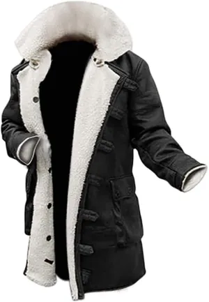 Mens Tom Hardy Dark Knight Bane Faux Fur Shearling Black Leather trench Swedish Bomber Coat