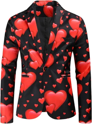 Mens Valentine's Day Tuxedo Jacket Wedding Blazer Love Heart Print One Button Dress Suit Dinner Floral Tuxedo Jacket