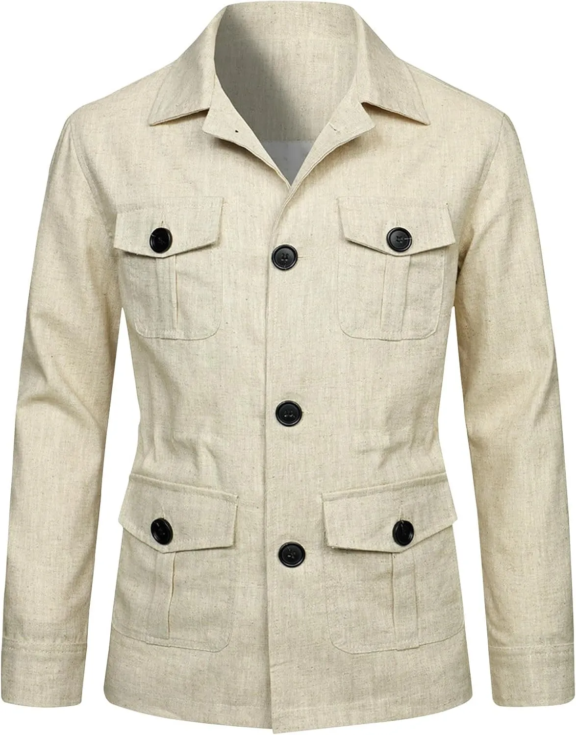 Men's Vintage Blazers Casual Long Sleeve Button Down Linen Jacket Trendy Business Shirt Coat Outwear with 4 Pockets