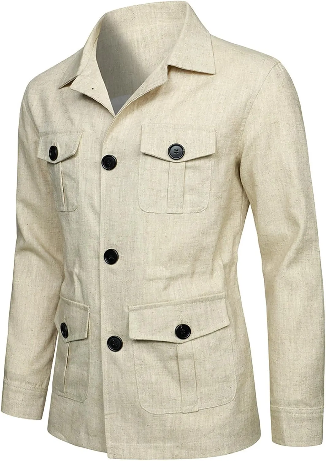 Men's Vintage Blazers Casual Long Sleeve Button Down Linen Jacket Trendy Business Shirt Coat Outwear with 4 Pockets