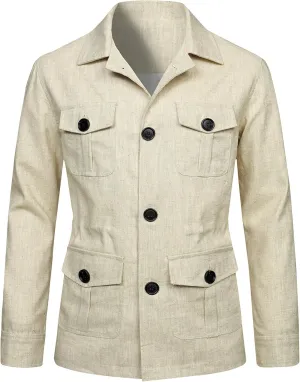 Men's Vintage Blazers Casual Long Sleeve Button Down Linen Jacket Trendy Business Shirt Coat Outwear with 4 Pockets