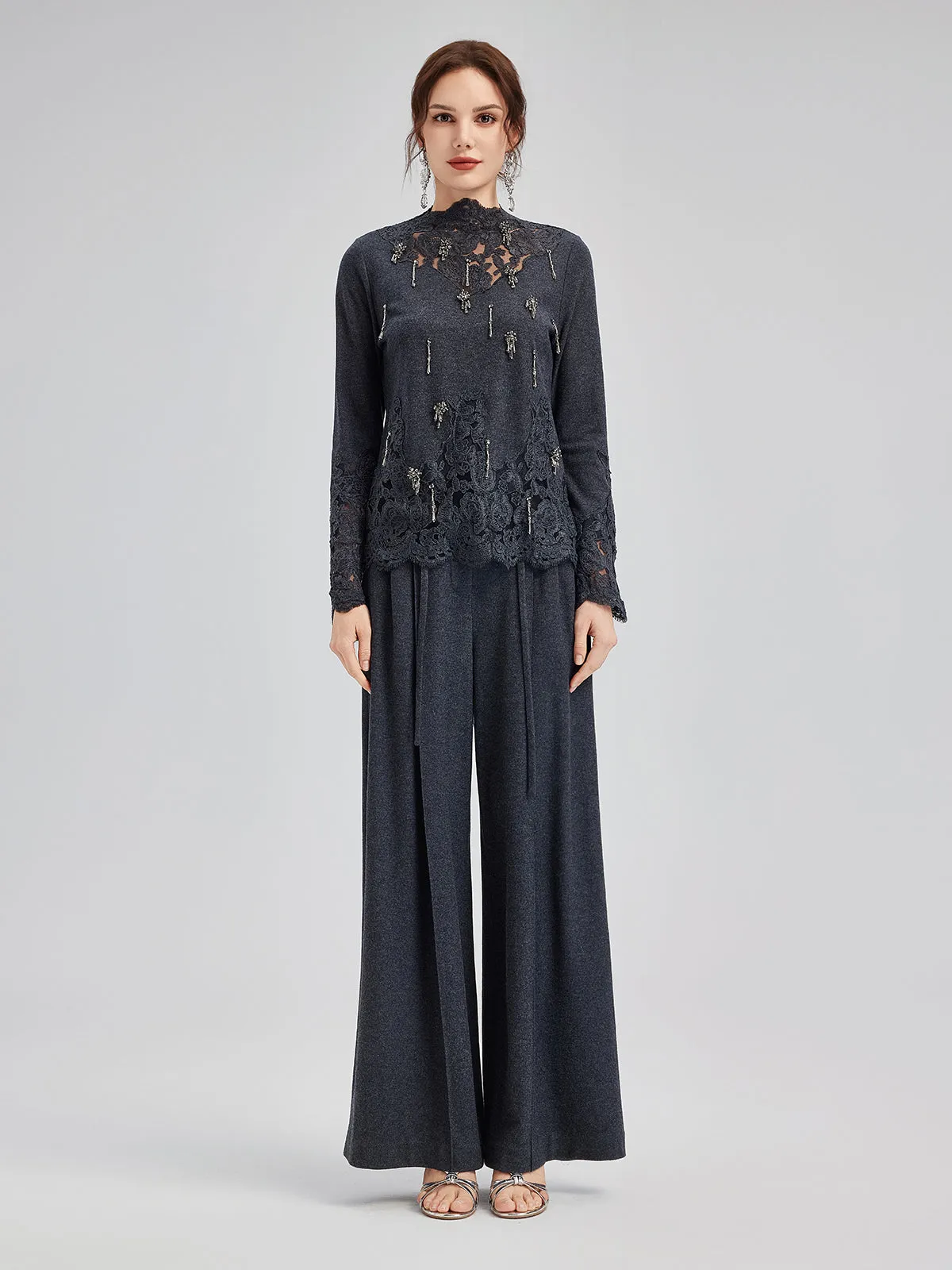 Merino Wool Lace Beaded Knit Top