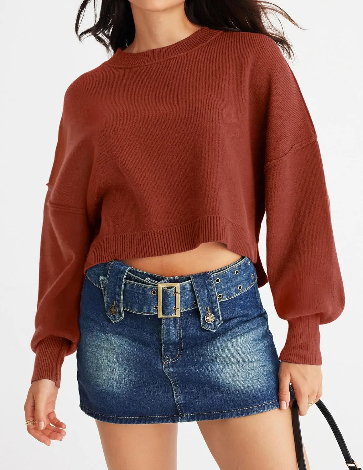 MEROKEETY Women's 2025 Crewneck Cropped Sweater Fall Batwing Sleeve Oversized Side Slit Ribbed Knit Pullover Jumper Tops