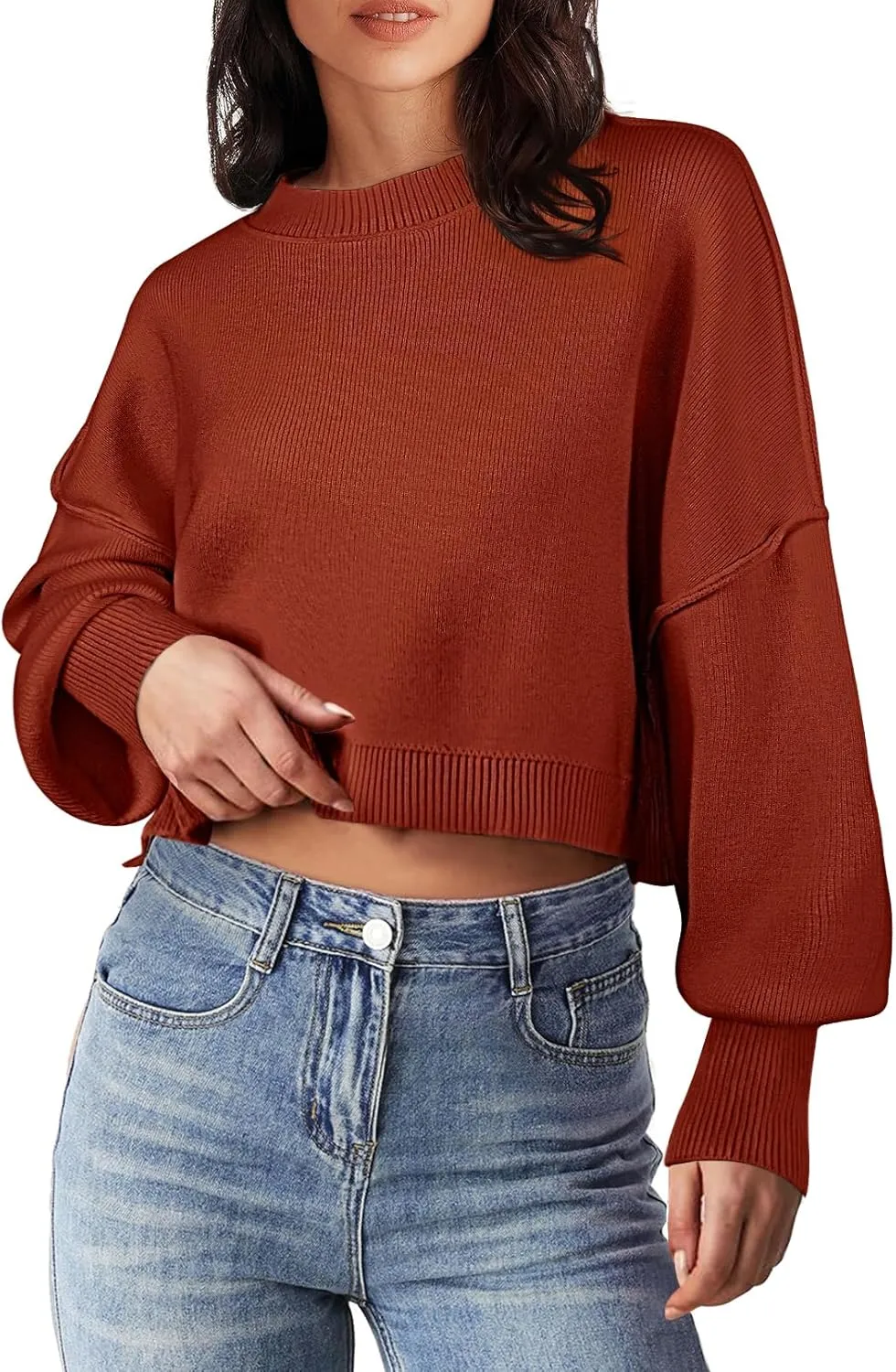MEROKEETY Women's 2025 Crewneck Cropped Sweater Fall Batwing Sleeve Oversized Side Slit Ribbed Knit Pullover Jumper Tops