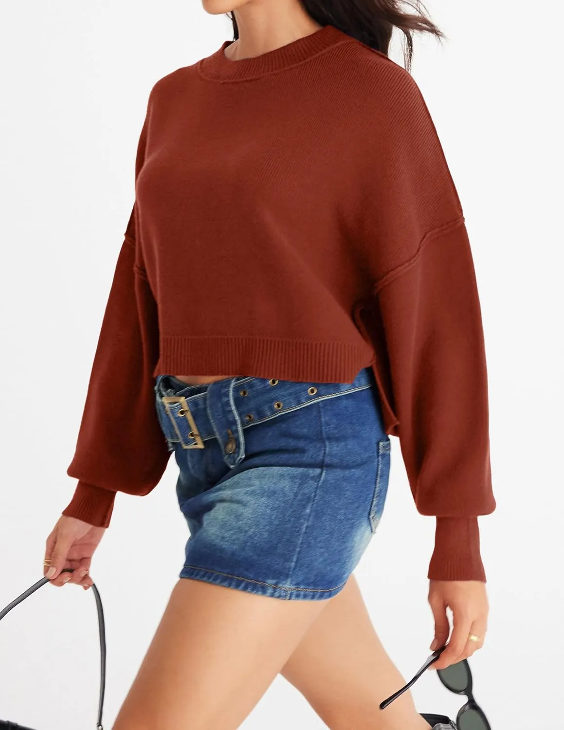 MEROKEETY Women's 2025 Crewneck Cropped Sweater Fall Batwing Sleeve Oversized Side Slit Ribbed Knit Pullover Jumper Tops