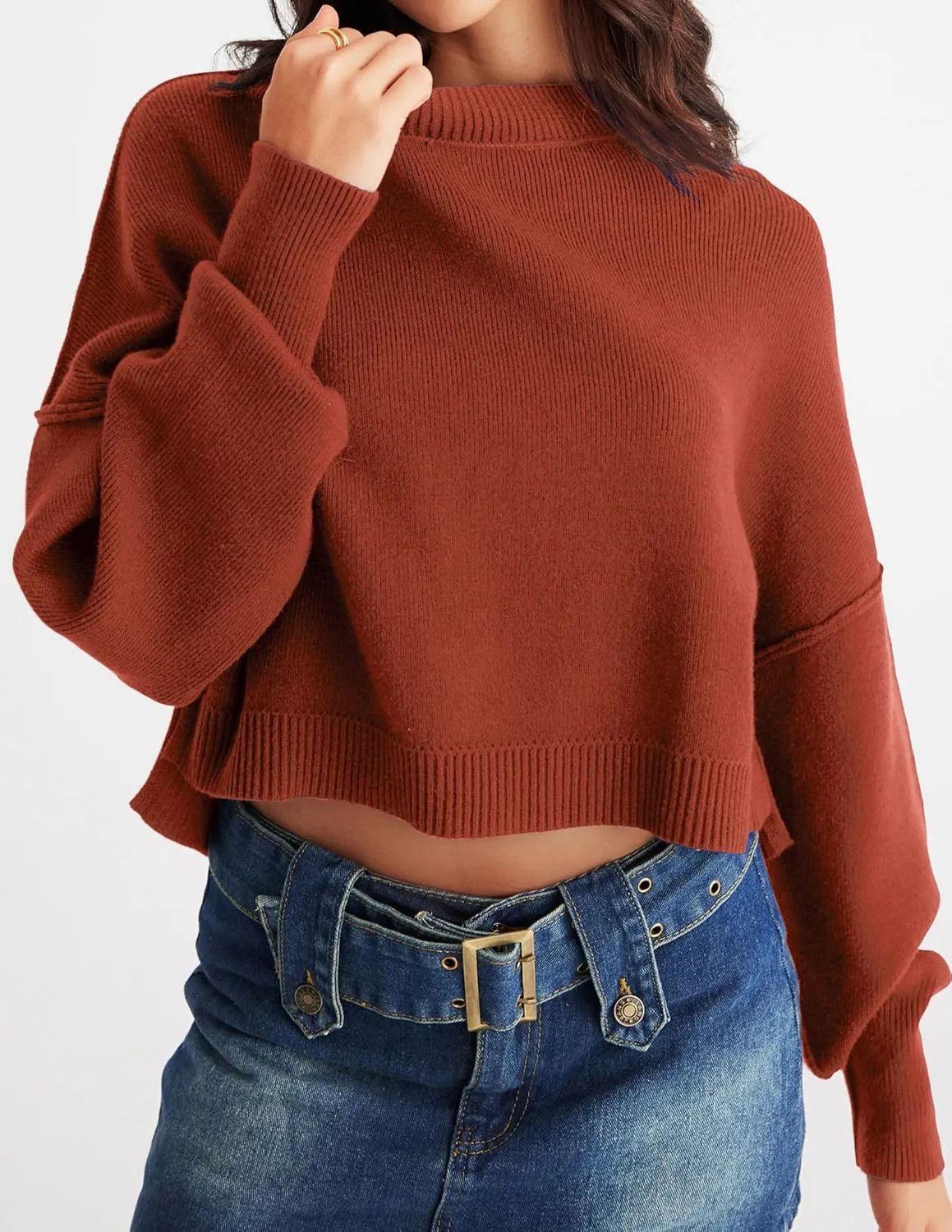 MEROKEETY Women's 2025 Crewneck Cropped Sweater Fall Batwing Sleeve Oversized Side Slit Ribbed Knit Pullover Jumper Tops