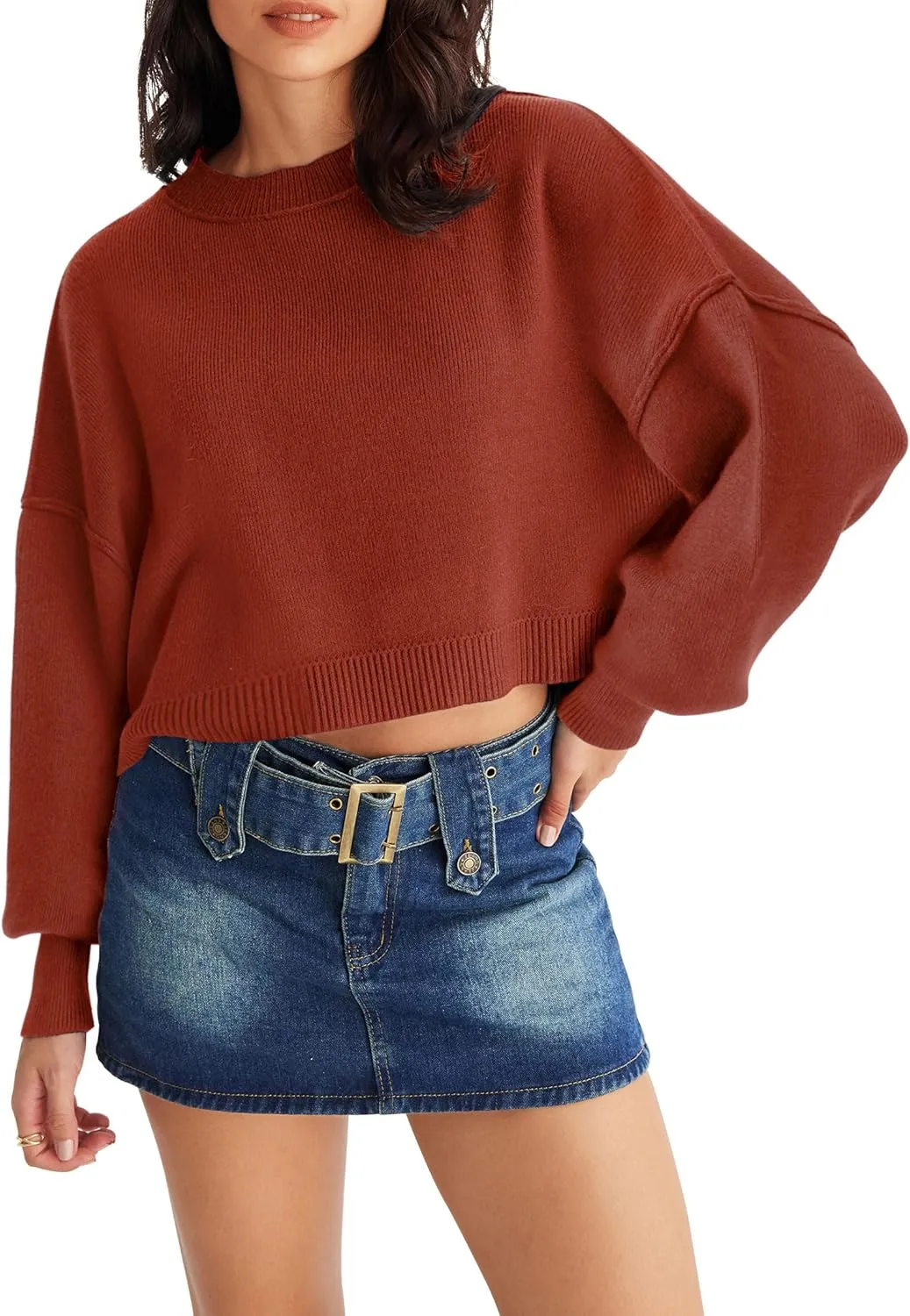 MEROKEETY Women's 2025 Crewneck Cropped Sweater Fall Batwing Sleeve Oversized Side Slit Ribbed Knit Pullover Jumper Tops
