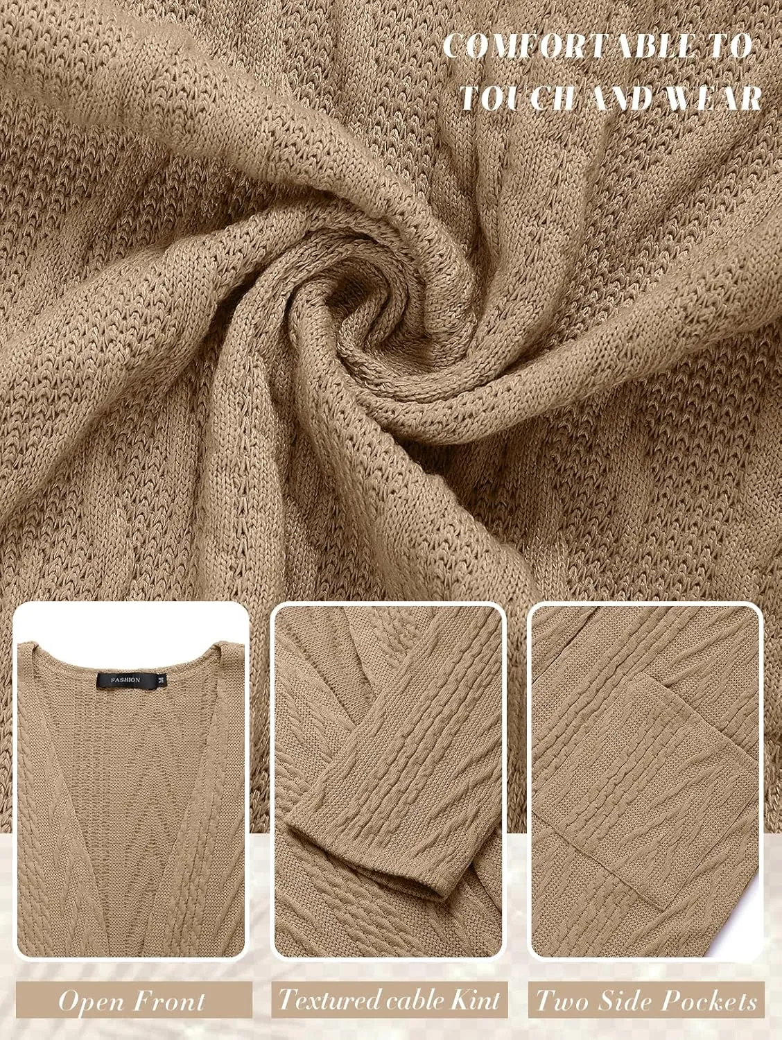 MEROKEETY Women's Casual Long Sleeve Open Front Cable Knit Cardigans Lightweight Solid Color with Pockets