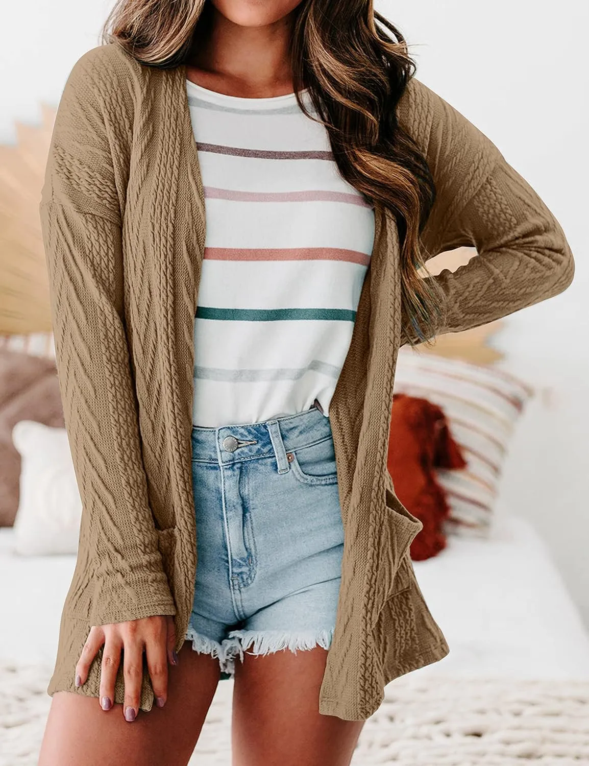 MEROKEETY Women's Casual Long Sleeve Open Front Cable Knit Cardigans Lightweight Solid Color with Pockets