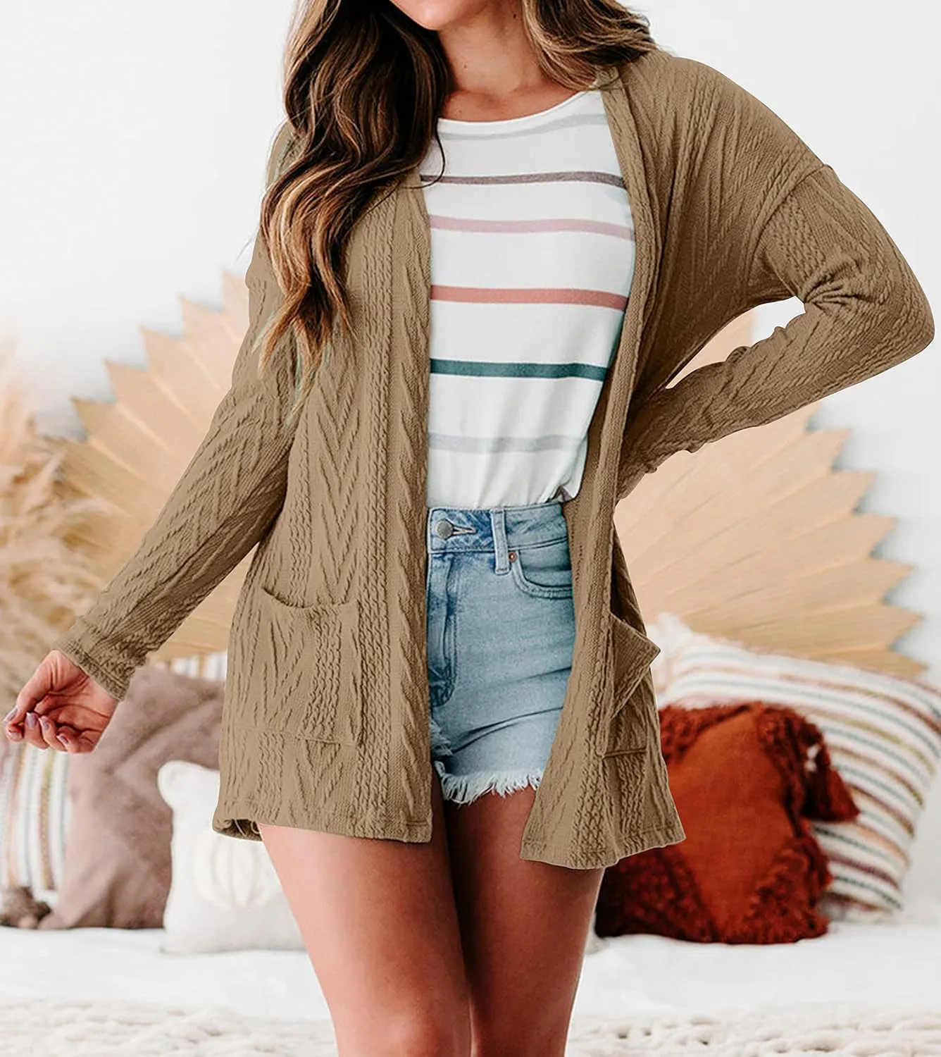 MEROKEETY Women's Casual Long Sleeve Open Front Cable Knit Cardigans Lightweight Solid Color with Pockets