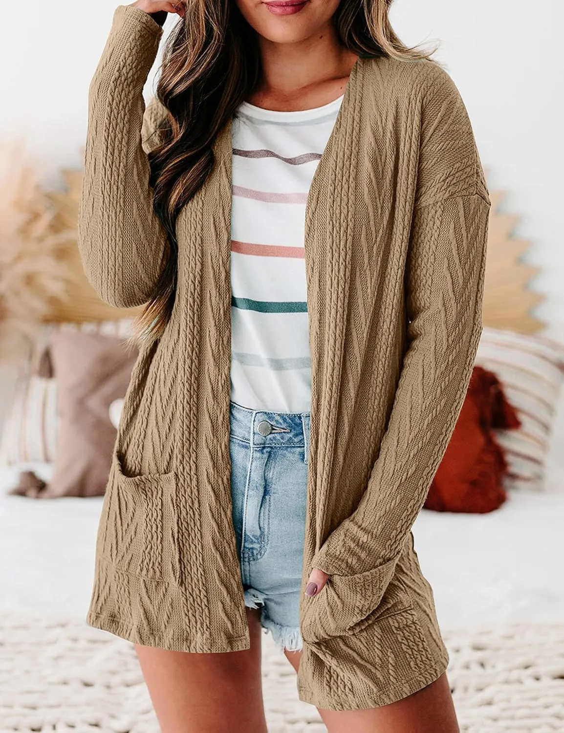 MEROKEETY Women's Casual Long Sleeve Open Front Cable Knit Cardigans Lightweight Solid Color with Pockets