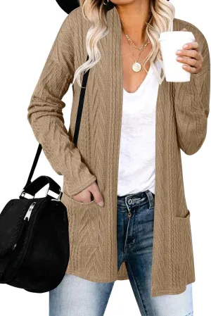 MEROKEETY Women's Casual Long Sleeve Open Front Cable Knit Cardigans Lightweight Solid Color with Pockets