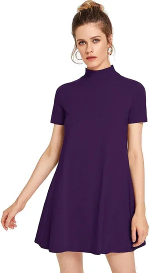 Milumia Women's Mock Neck T Shirt Dress Casual Short Sleeve Loose A Line Swing Mini Dress