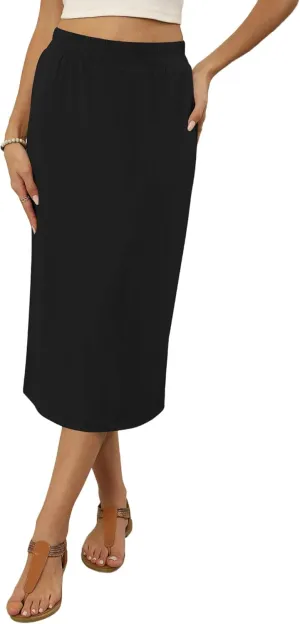 Naggoo Womens Midi Skirts Summer Elastic High Waisted Back Slit Long Straight Skirt Below Knee