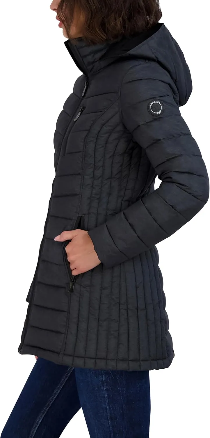Nautica Women's 3/4 Midweight Stretch Puffer Jacket with Hood