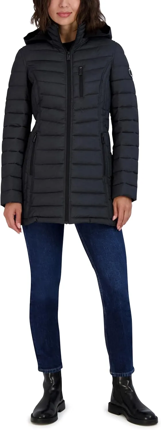 Nautica Women's 3/4 Midweight Stretch Puffer Jacket with Hood
