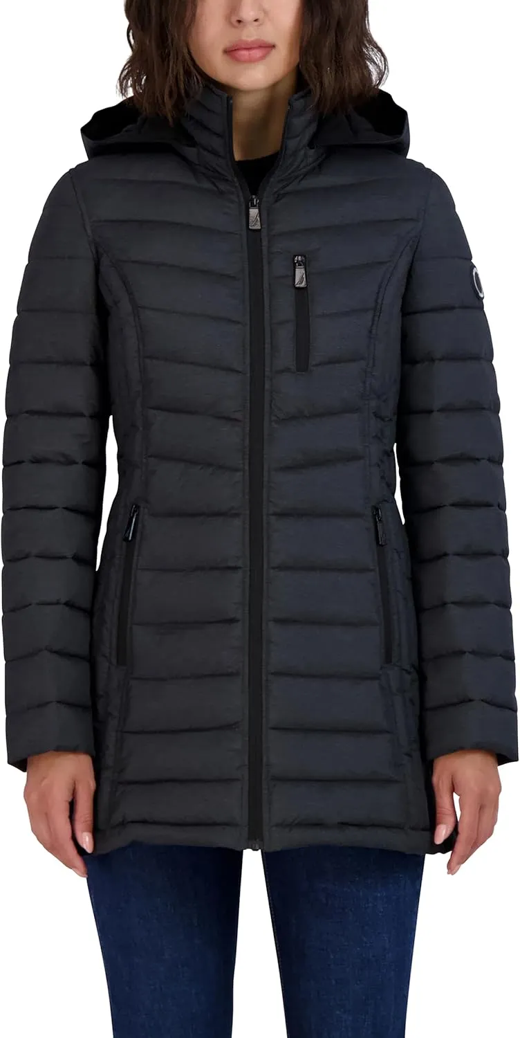 Nautica Women's 3/4 Midweight Stretch Puffer Jacket with Hood