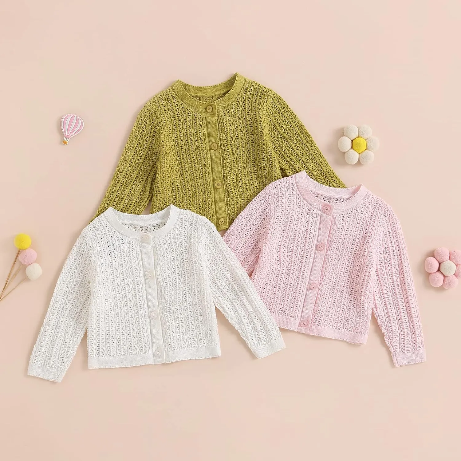 Newborn Baby Girls Knit Cardigans Long Sleeve Crewneck Hollow Knit Thin Sweater Toddler Button Tops Coat Outwear