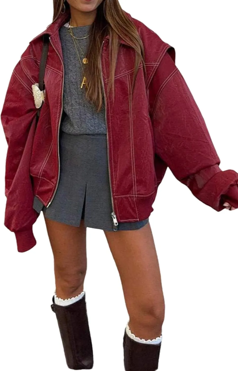 NIFTRIRY Women Leather Jackets Motorcycle Jacket Oversized Fuax Jacket Fall Outfits Bomber Jacket